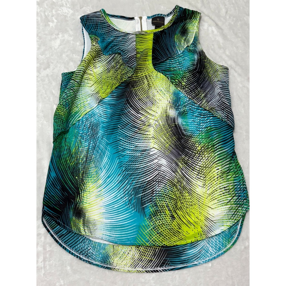 Worthington Sleeveless Top Abstract Print Zipper Back Teal Green Women's S